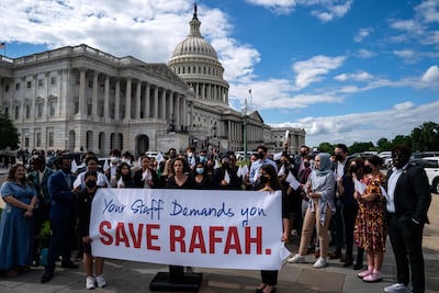 US Congressional aides advocating for a ceasefire, at the US Capitol on May 16 in Washington. Getty Images / AFP