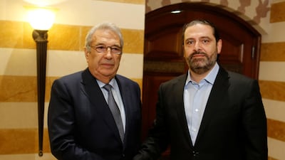 Samir Khatib, who withdrew his candidacy to lead a government, meets Lebanon's catetaker Prime Minister Saad Al Hariri in Beirut. REUTERS