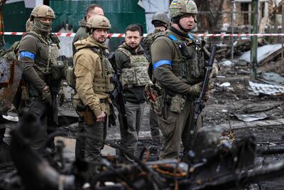 Ukrainian President Volodymyr Zelensky visits the town of Bucha after claims emerged of massacres by Russian forces there. AFP