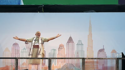 Indian prime minister Narendra Modi holds the crowd of 50,000 expatriates in the palm of his hands at Dubai International Cricket Stadium on Monday night. Pawan Singh / The National