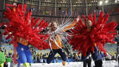 Athletes pose for photos at the closing ceremony in the Maracana stadium. Matt Dunham / AP Photo