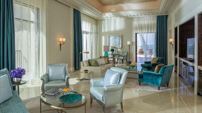 Living room in one of the rooms at Four Seasons Resort Dubai at Jumeirah Beach. Courtesy Four Seasons Hotels Limited