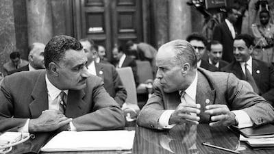Tunisian President for Life Habib Bourguiba speaking to Egyptian President Gamel Abdel-Nasser during an Arab League summit after the Six Day War against Israel in 1967. Corbis / EPA