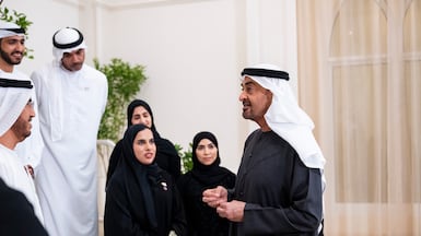 President Sheikh Mohamed congratulates the winners. Hamad Al Kaabi / UAE Presidential Court