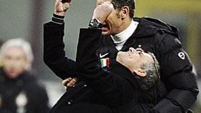 Jose Mourinho celebrates on the touchline during Inter's Milan derby triumph on Sunday.