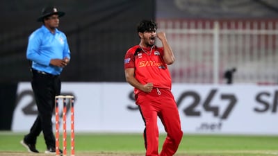 Sharjah's Hafeez Rahman takes the wicket of Fujairah's Waseem Muhammad