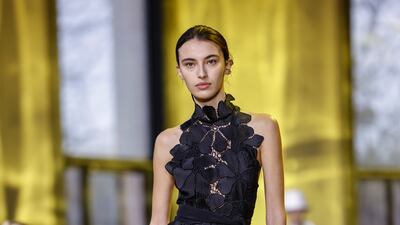 A dress made from giant scale lace at Elie Saab autumn/winter 2023. AP