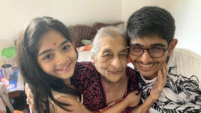 Susheela Pathak, 102, with her great grandchildren Tarini and Tej. Courtesy, Dr Vijaya Bopardikar