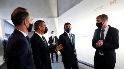 Sheikh Abdullah bin Zayed, Minister of Foreign Affairs and International Co-operation and his Israeli counterpart Gabi Ashkenazi visit the Holocaust memorial together with German Foreign Minister Heiko Maas prior to their historic meeting in Berlin, Germany. Reuters