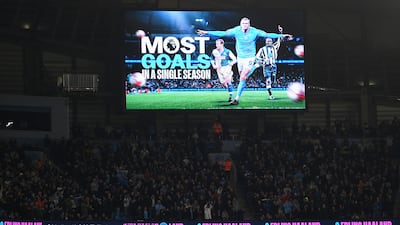 A big screen at the Etihad highlights Erling Haaland scoring his 35th goal of the season and breaking the Premier League scoring record. Getty