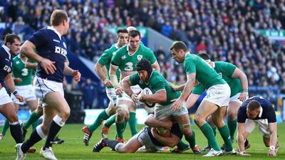 Sean O'Brien goes over to score the fourth try during the Six Nations match between Scotland and Ireland at Murrayfield on March 21, 2015 in Edinburgh. Richard Heathcote / Getty Images