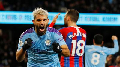 Manchester City's Sergio Aguero celebrates scoring his team's second goal against Crstal Palace. Reuters