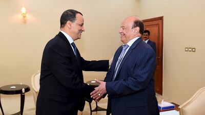 UN envoy Ismail Ould Cheikh Ahmed shakes hands with Yemen's president Abdrabu Mansur Hadi during a meeting in Yemen's southern port city of Aden on December 5. Reuters