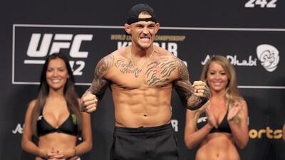Dustin Poirier weighs in the day before his fight with Khabib Nurmagomedov at UFC 242.
