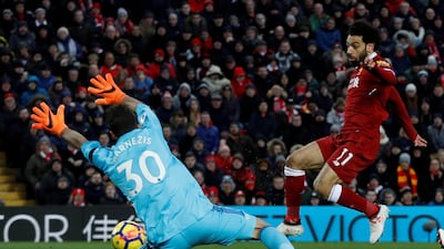 Television close-ups suggested Mohamed Salah said sorry to Watford goalkeeper Orestis Karnezis as they shook hands at the end of the rout. Lee Smith / Reuters