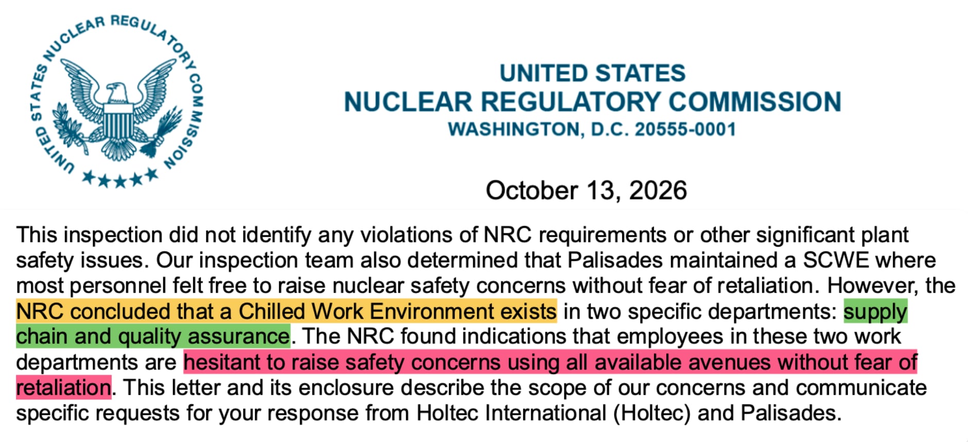 The US Nuclear Regulatory Commission raised concerns about the work environment at the Palisades nuclear plant in Michigan. Photo: NRC