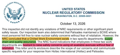 The US Nuclear Regulatory Commission raised concerns about the work environment at the Palisades nuclear plant in Michigan. Photo: NRC
