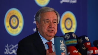 UN Secretary General Antonio Guterres holds a press conference on the sidelines of the 34th Arab League summit in Baghdad on May 17, 2025. AFP