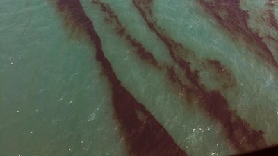 The oil spill near Kuwait's southern Ras Al Zour area is seen here on August 12, 2017. Kuwait Environment Public Authority via AP