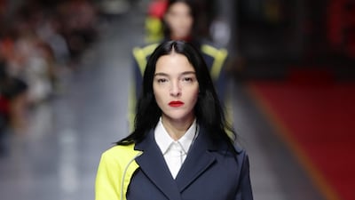 Mariacarla Boscono walks the runway at the fashion debut of the first co-ed Ferrari collection at Ferrari Factory on June 13, 2021 in Maranello, Italy. Getty Images