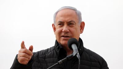 Israeli Prime and Defense Minister Benjamin Netanyahu speaks during a combat simulation against Hezbollah. EPA