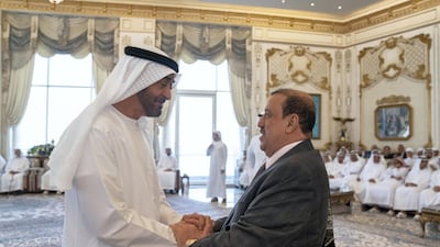 Sheikh Mohamed bin Zayed receives Sultan Al Burkani, Speaker of the Yemeni Parliament, during a Sea Palace barza. Mohamed Al Hammadi / Ministry of Presidential Affairs