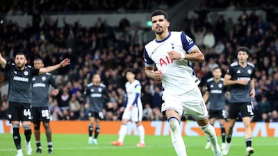 Dominic Solanke celebrates after putting the finishing touch on a 3-0 win for Tottenham in their Europa League opener against Qarabag. EPA