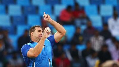 DUBAI, UNITED ARAB EMIRATES - JANUARY 29: Heath Streak of Leo Lions bowls during the Oxigen Masters Champions League 2016 match between Capricorn Commanders and Leo Lions at Dubai International Cricket Stadium on January 29, 2016 in Dubai, United Arab Emirates. (Photo by Francois Nel/Getty Images)