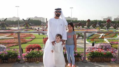Sheikh Mohammed visits Dubai Miracle Gardens with his daughter and son.