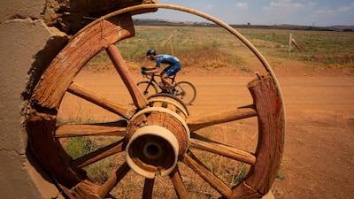 Dusty Day, the eventual winner, during the inaugural SouthxSoutheast Gravel Fondo bike race on the dirt roads south ofJohannesburg, South Africa, on Sunday, October 20. EPA