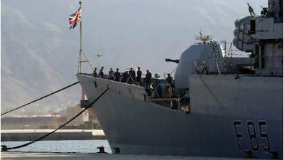 The British warship HMS Cumberland arrives at Saqr Port in Ras Al Khaimah yesterday.