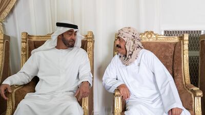 Sheikh Mohamed bin Zayed, Crown Prince of Abu Dhabi and Deputy Supreme Commander of the UAE Armed Forces (L) offers condolences to the family of Warrant Officer Saif Dhawi Rashid Al Tunaiji. Mohamed Al Hammadi / Ministry of Presidential Affairs