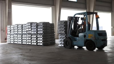 Aluminium blocks on stockpile at the Khalifa bin Salman port in Bahrain. Razan Alzayani / The National