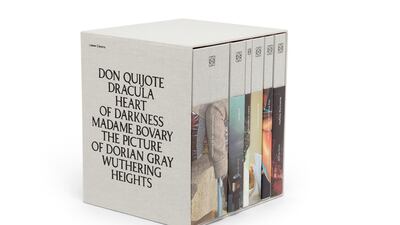 The six books are encased in a custom-made box