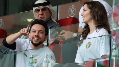 Jordan's Crown Prince Hussein and his wife Princess Rajwa at the quarter-final tie in Qatar. AFP
