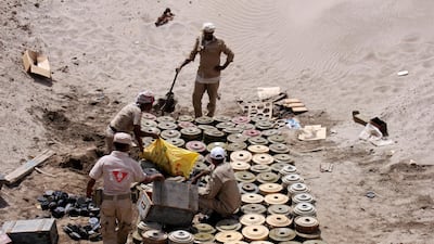 A Yemeni demining unit prepares to destroy unexploded bombs and mines collected from conflict areas near the southern port city of Aden. Reuters