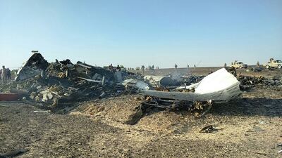 Debris from crashed the Russian jet lies strewn across the sand at the site of the crash in Sinai, Egypt. International investigators have begun probing why a Russian airliner carrying 224 people crashed in a mountainous area of Egypt’s Sinai Peninsula. EPA