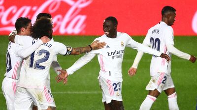Real's Ferland Mendy celebrates with teammates after scoring. Reuters