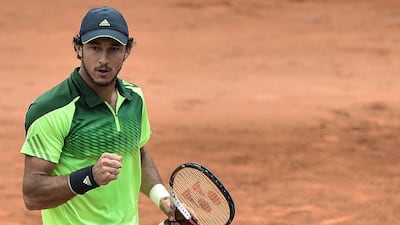 Juan Monaco of Argentina reacts during his victory over Robin Haase in the Swiss Open semi-finals on Saturday. Peter Schneider / EPA / July 26, 2014