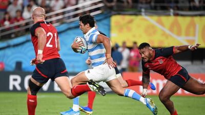 Argentina wing Matias Moroni scores a try at the Tokyo Stadium. AFP