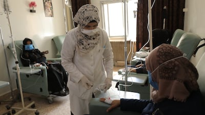 People receive chemotherapy for cancer, provided free of charge at hospital run by the Syrian American Medical Society Foundation, in Idlib, Syria. EPA
