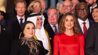 Queen Rania of Jordan wore red custom Dolce & Gabbana piece for the opening of the Grand Egyptian Museum. Photo: Royal Hashemite Court