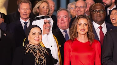 Queen Rania of Jordan wore red custom Dolce & Gabbana piece for the opening of the Grand Egyptian Museum. Photo: Royal Hashemite Court