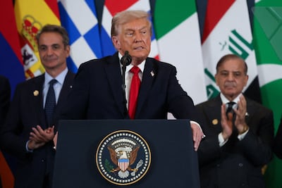 US President Donald Trump speaks at the Gaza summit in Sharm El Sheikh earlier this month. AFP