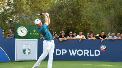 Matthew Fitzpatrick tees off on the 18th hole during the second round of the DP World Tour Championship. Ross Kinnaird / Getty Images