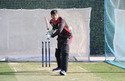 Dhruv Parashar bats during a training session at the ICC academy in Dubai. Pawan Singh / The National