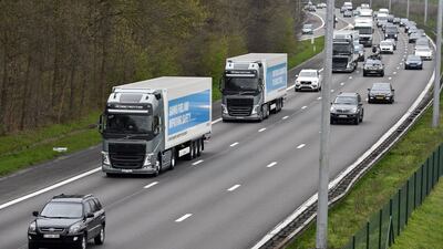 Semi-automated trucks take part in the EU Truck Platooning Challenge 2016. Platooning is set to change the face of road haulage.Eric Lalmand / AFP