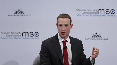 Mark Zuckerberg, chief executive officer and founder of Facebook, speaks at the Munich Security Conference on February 15, 2020. Bloomberg