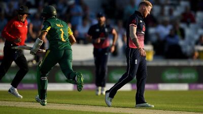 Ben Stokes pulls up after bowling during England's one-day international victory over South Africa on Wednesday. Gareth Copley / Getty Images