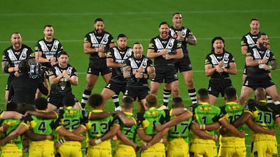 New Zealand players perform the Haka prior to the Rugby League World Cup 2021 Pool C match against Jamaica at MKM Stadium in Hull, England. Getty